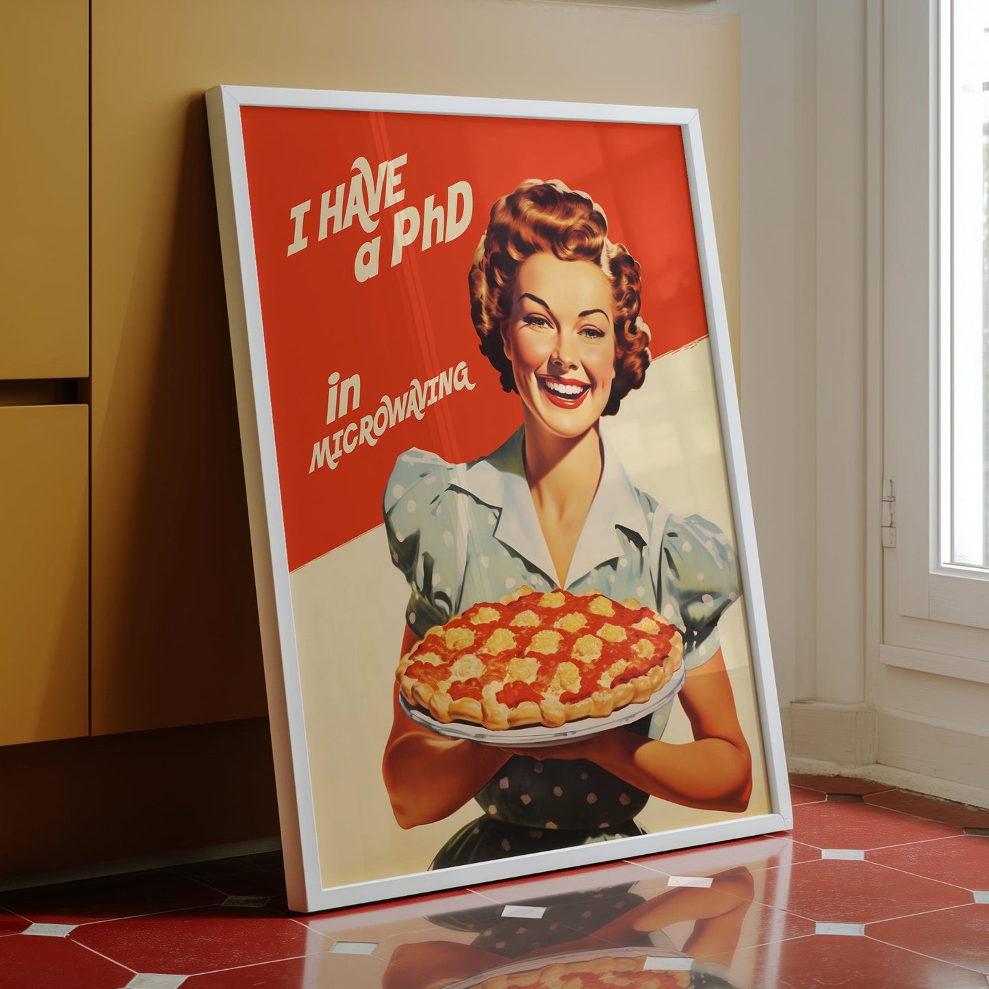 Vintage-style illustration of a smiling 1950s housewife in a blue polka dot dress holding a pie, with the text 'I Have a PhD in Microwaving' on a red and white background; humorous retro kitchen wall art.