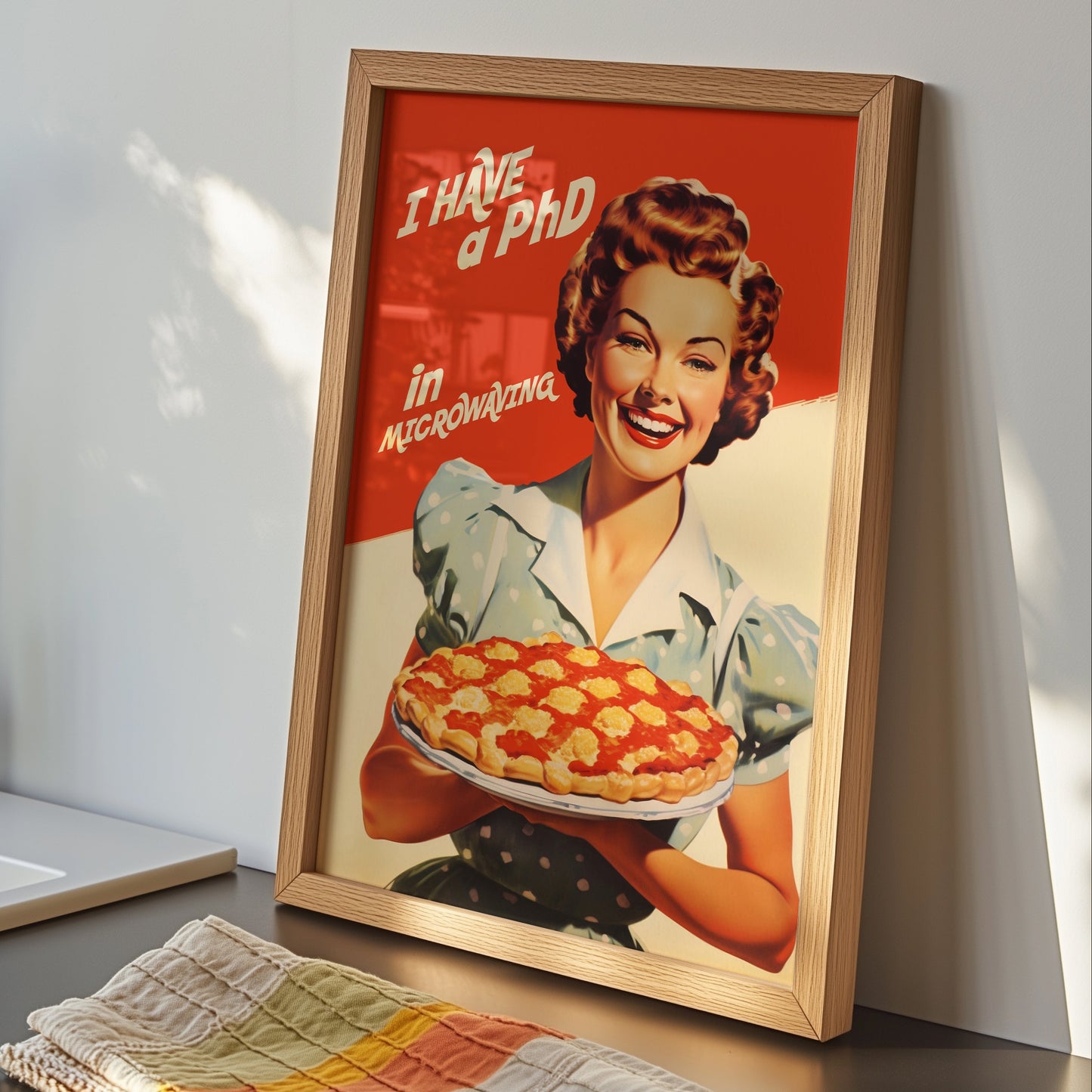 Vintage-style illustration of a smiling 1950s housewife in a blue polka dot dress holding a pie, with the text 'I Have a PhD in Microwaving' on a red and white background; humorous retro kitchen wall art.