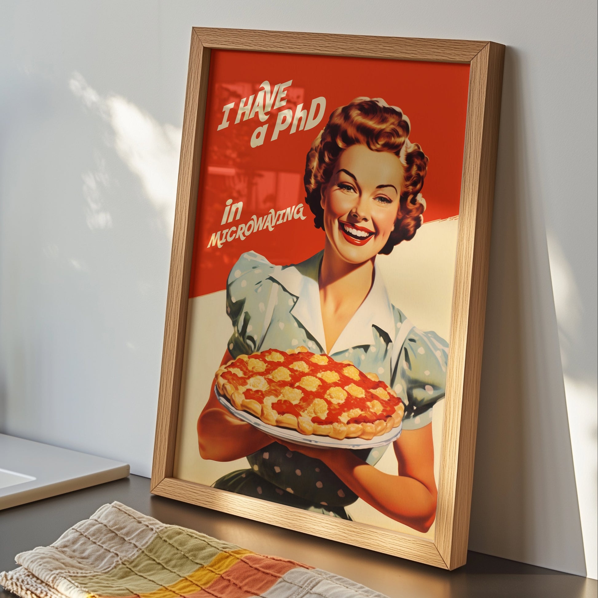 Vintage-style illustration of a smiling 1950s housewife in a blue polka dot dress holding a pie, with the text 'I Have a PhD in Microwaving' on a red and white background; humorous retro kitchen wall art.