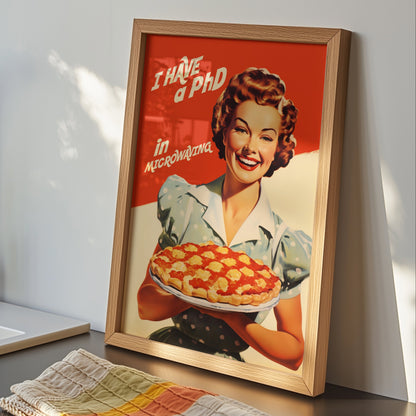 Vintage-style illustration of a smiling 1950s housewife in a blue polka dot dress holding a pie, with the text 'I Have a PhD in Microwaving' on a red and white background; humorous retro kitchen wall art.
