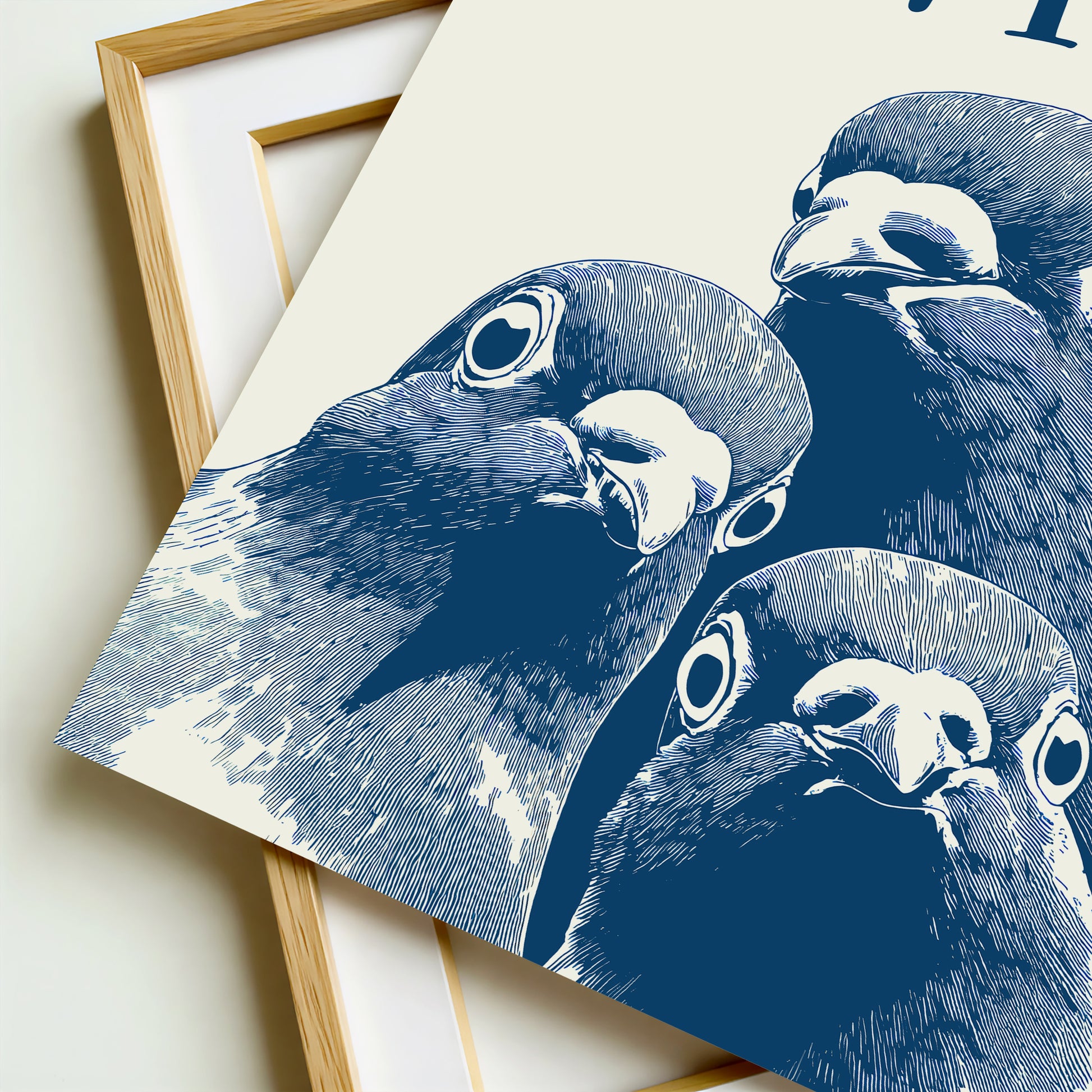 Graphic illustration of three blue pigeons staring directly at the viewer with the word 'POOPING?' written in bold blue text above them; funny bathroom wall art.

