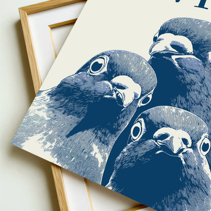 Graphic illustration of three blue pigeons staring directly at the viewer with the word 'POOPING?' written in bold blue text above them; funny bathroom wall art.
