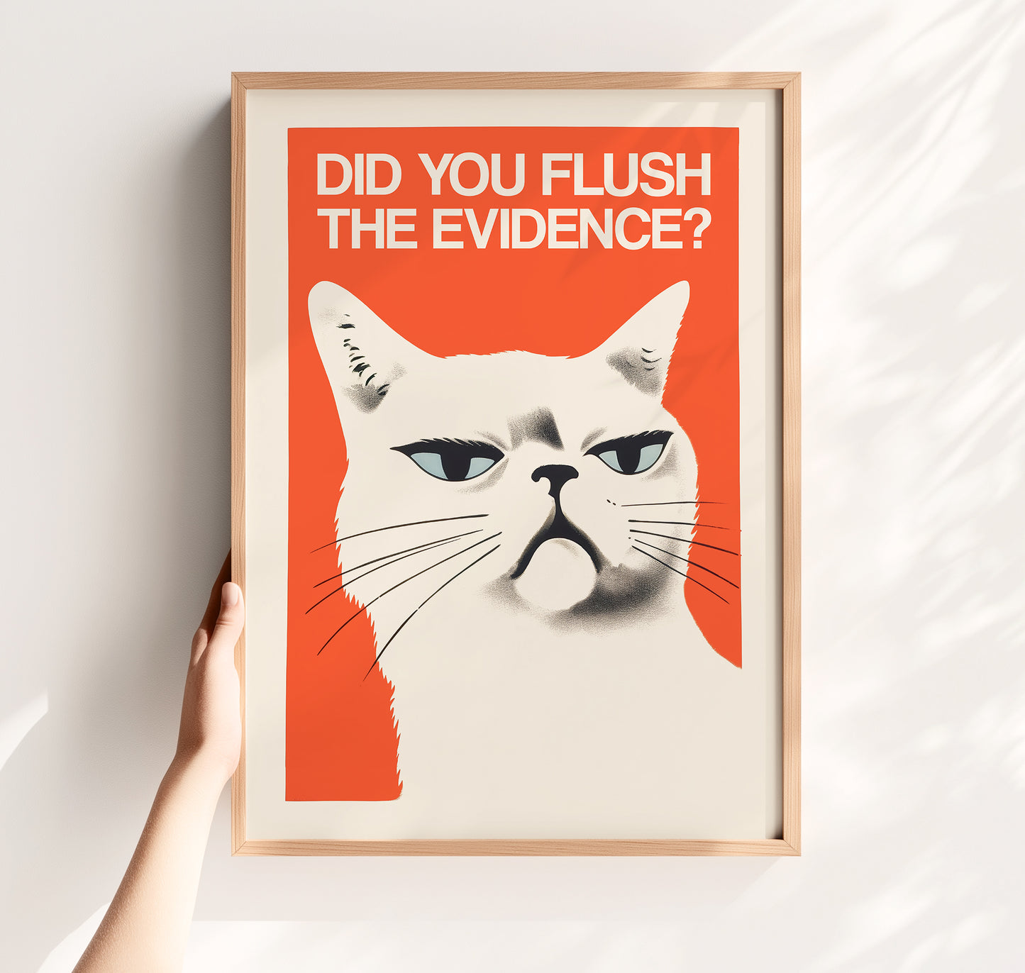 Illustration of a white cat with a suspicious, judgmental expression set against a vibrant red background with the text 'DID YOU FLUSH THE EVIDENCE?' in bold white uppercase letters; funny red and white bathroom wall art.
