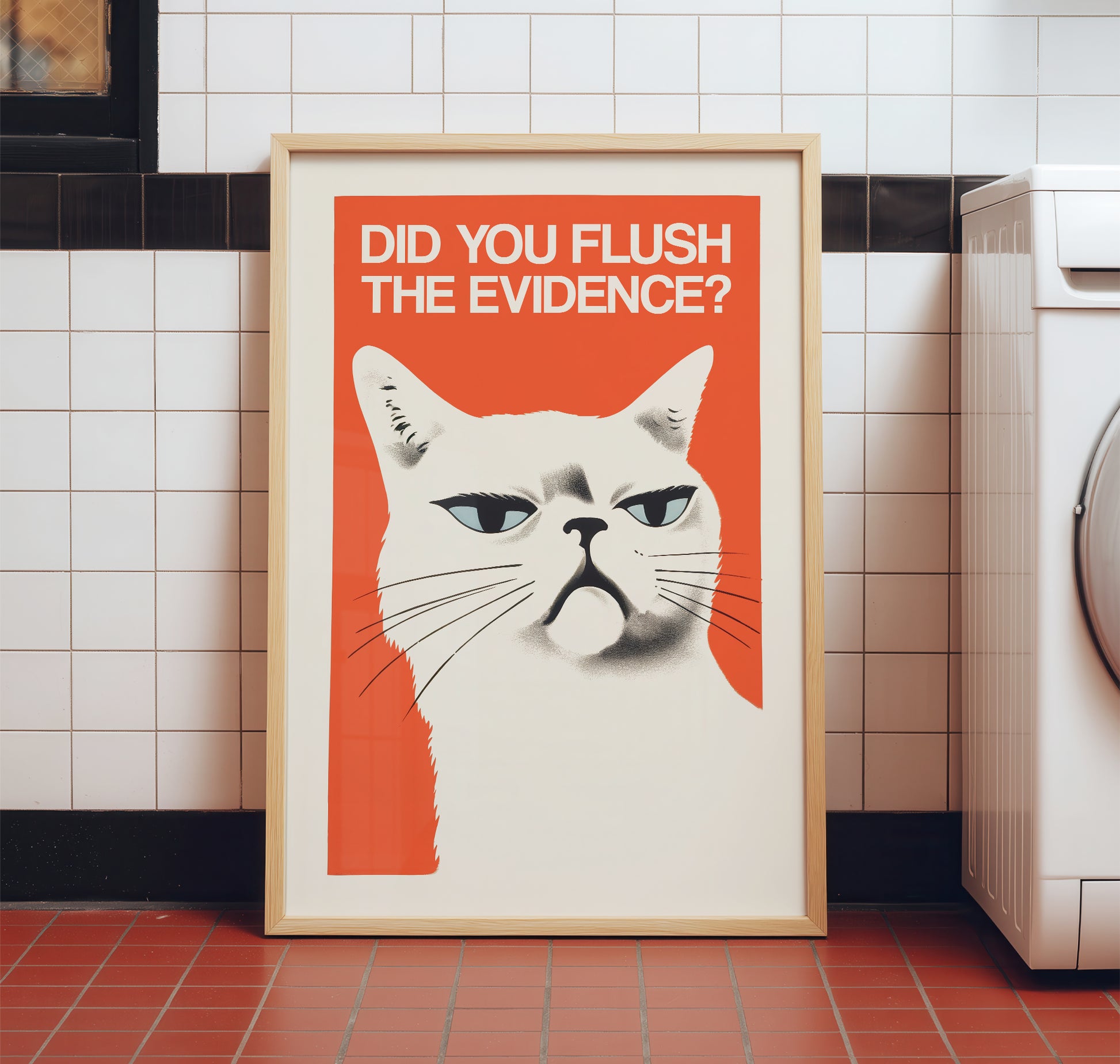 Illustration of a white cat with a suspicious, judgmental expression set against a vibrant red background with the text 'DID YOU FLUSH THE EVIDENCE?' in bold white uppercase letters; funny red and white bathroom wall art.