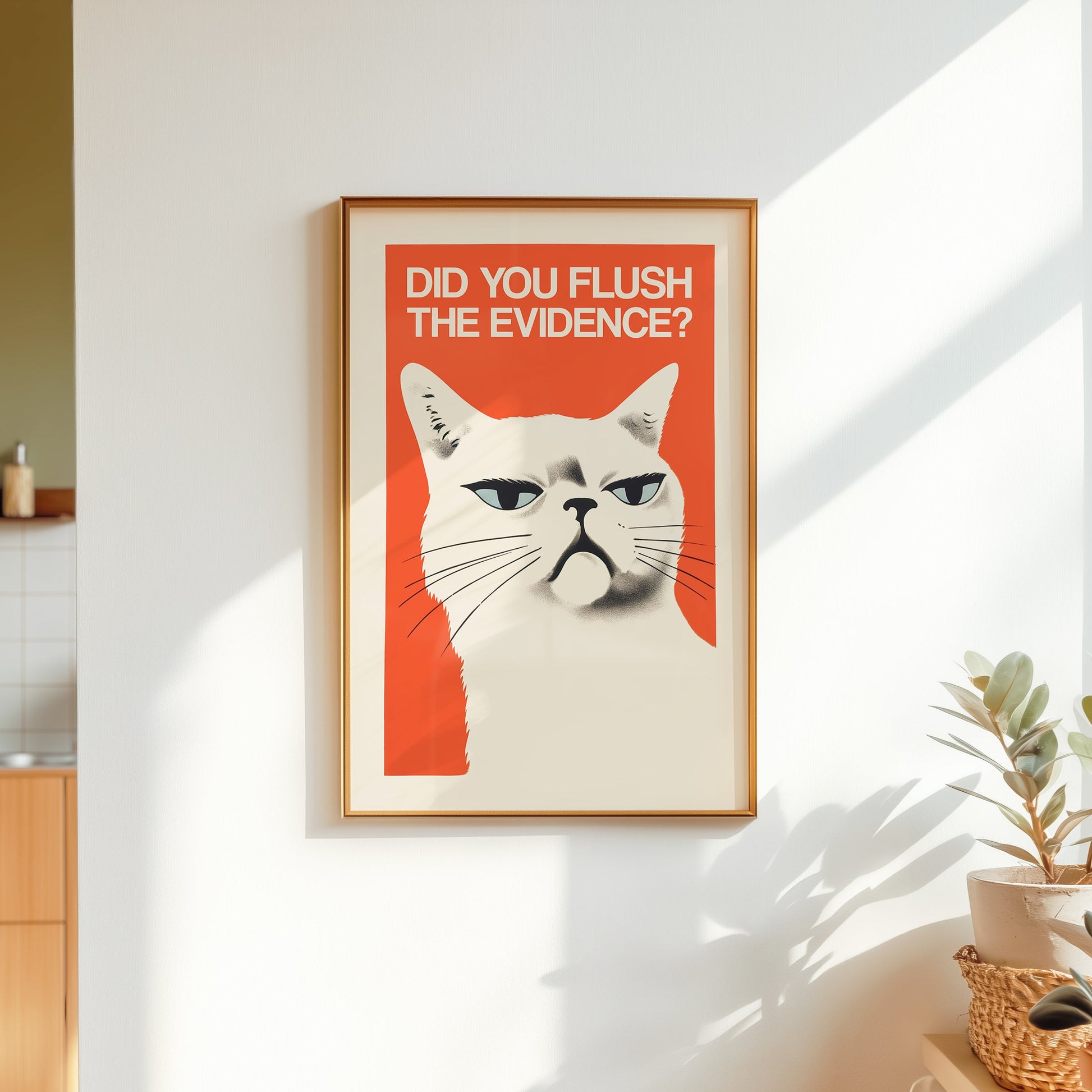 Illustration of a white cat with a suspicious, judgmental expression set against a vibrant red background with the text 'DID YOU FLUSH THE EVIDENCE?' in bold white uppercase letters; funny red and white bathroom wall art.
