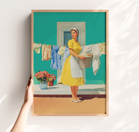 Vintage illustration of a 1950s housewife in a yellow dress and white apron holding a laundry basket in front of a clothesline; vibrant turquoise background and coral flowers; retro laundry room wall art.