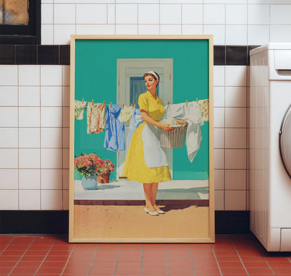Vintage illustration of a 1950s housewife in a yellow dress and white apron holding a laundry basket in front of a clothesline; vibrant turquoise background and coral flowers; retro laundry room wall art.