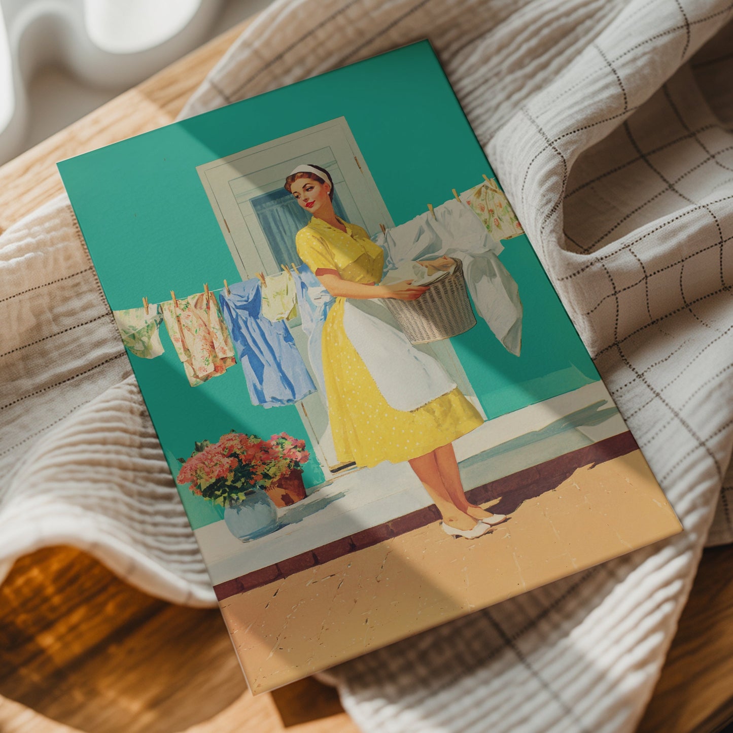 Vintage illustration of a 1950s housewife in a yellow dress and white apron holding a laundry basket in front of a clothesline; vibrant turquoise background and coral flowers; retro laundry room wall art.