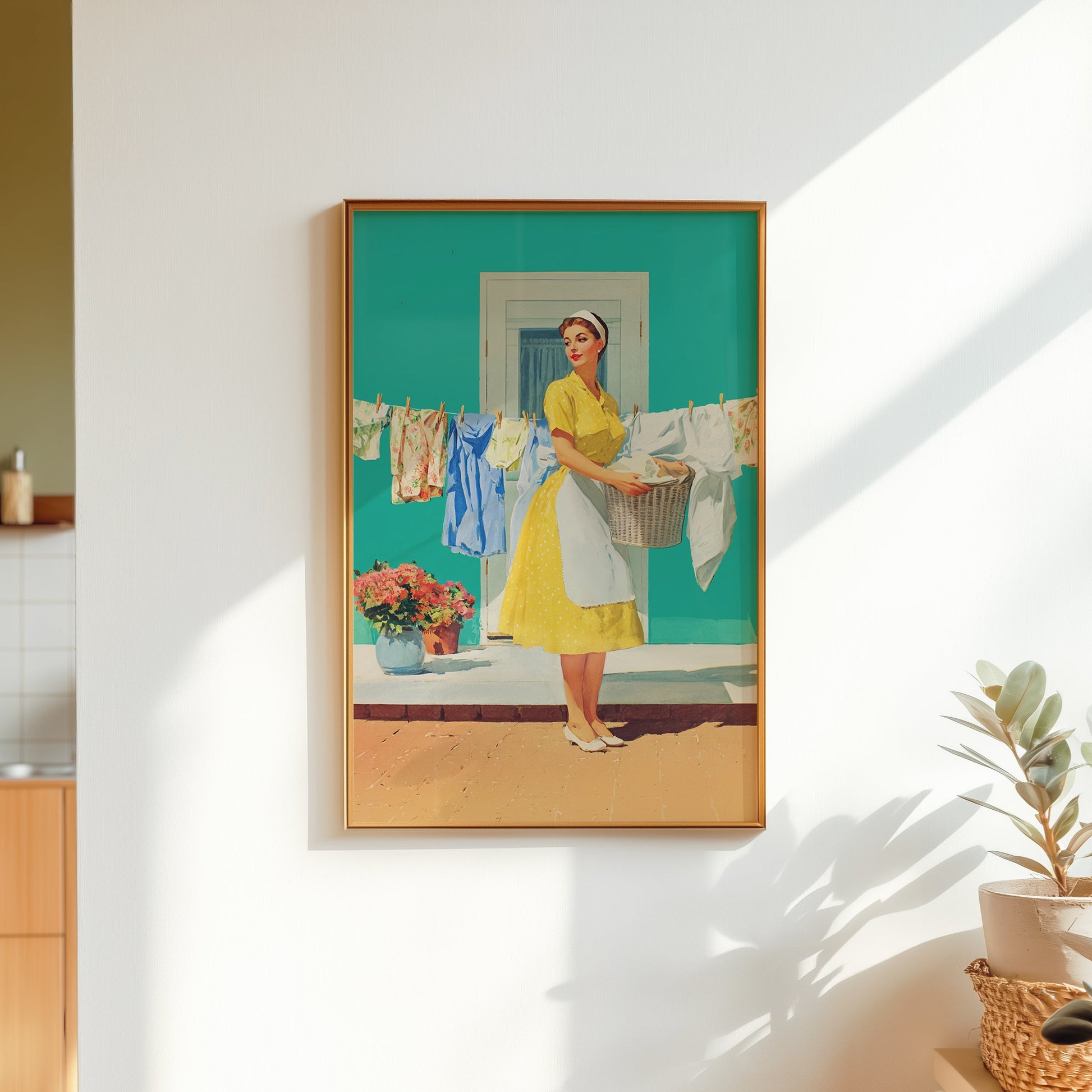 Vintage illustration of a 1950s housewife in a yellow dress and white apron holding a laundry basket in front of a clothesline; vibrant turquoise background and coral flowers; retro laundry room wall art.