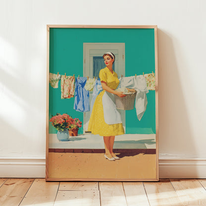 Vintage illustration of a 1950s housewife in a yellow dress and white apron holding a laundry basket in front of a clothesline; vibrant turquoise background and coral flowers; retro laundry room wall art.
