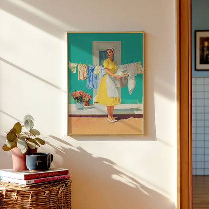 Vintage illustration of a 1950s housewife in a yellow dress and white apron holding a laundry basket in front of a clothesline; vibrant turquoise background and coral flowers; retro laundry room wall art.