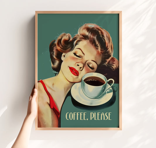 Vintage-style illustration of a 1950s woman leaning on a large white coffee cup with "Coffee, Please" text, teal background, retro kitchen wall art.