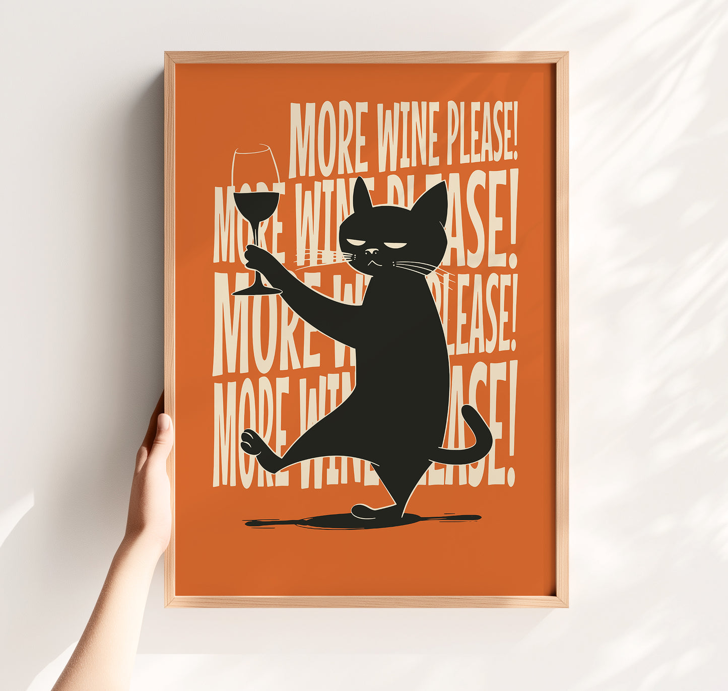 Illustration of a sassy black cat holding a wine glass with "More Wine Please" repeating text on an orange background, mid-century modern style.
