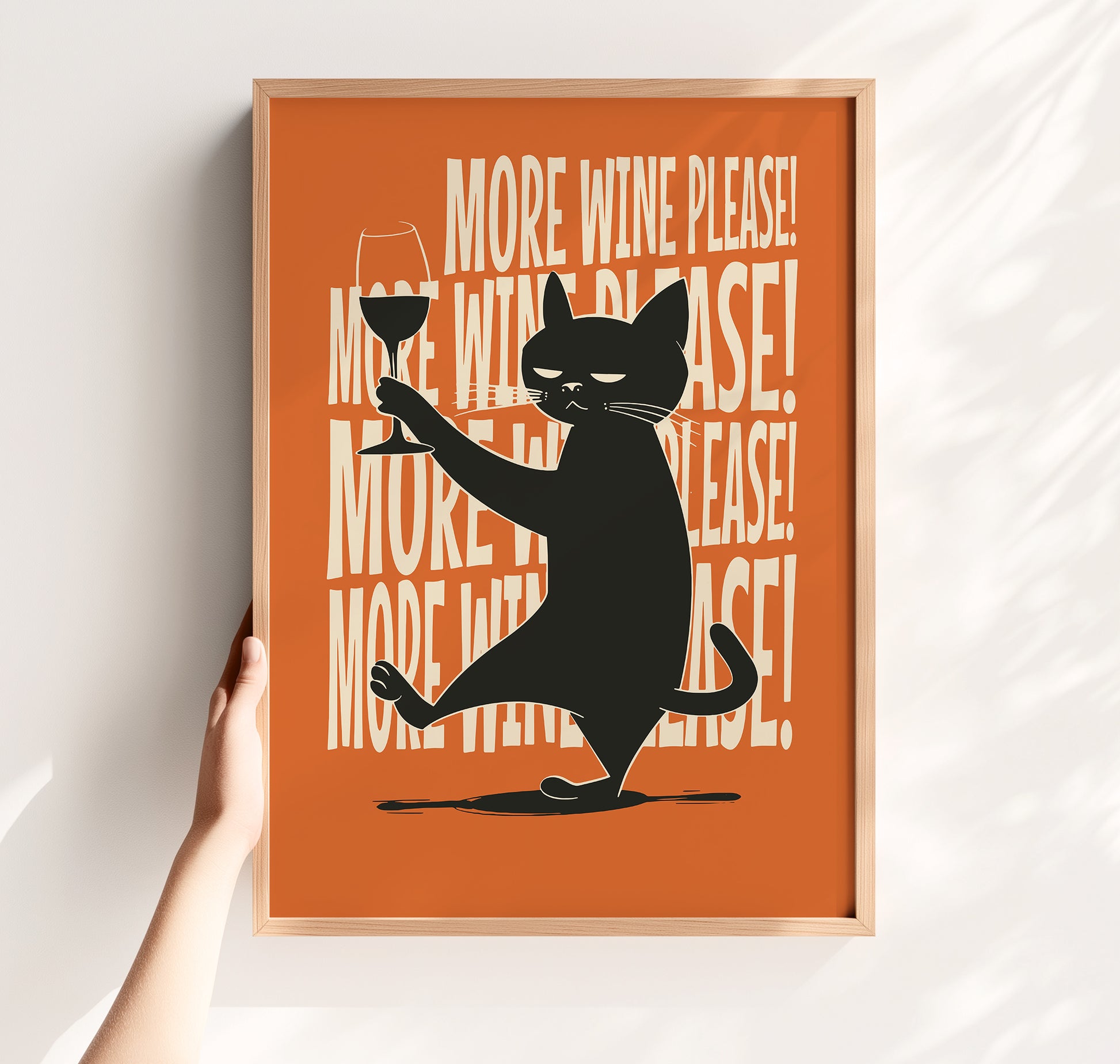 Illustration of a sassy black cat holding a wine glass with "More Wine Please" repeating text on an orange background, mid-century modern style.
