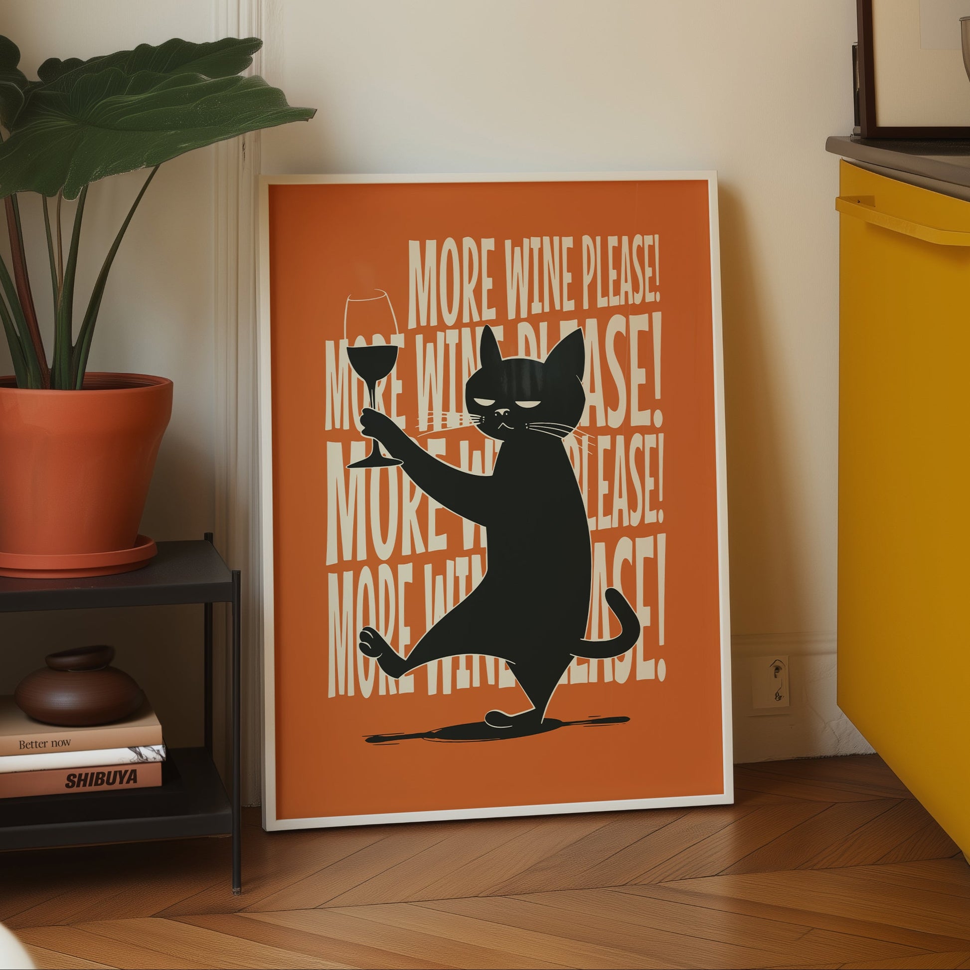 Illustration of a sassy black cat holding a wine glass with "More Wine Please" repeating text on an orange background, mid-century modern style.
