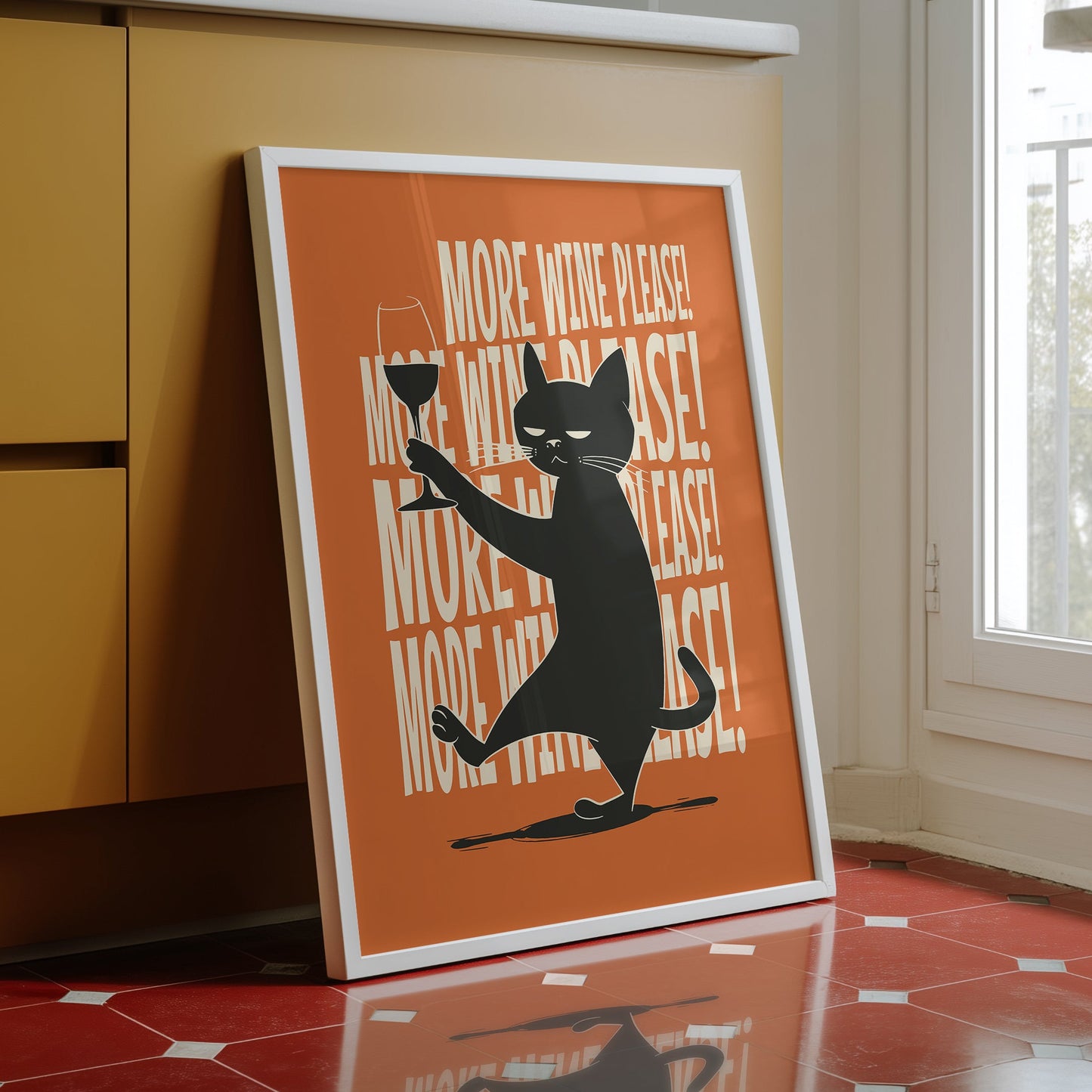 Illustration of a sassy black cat holding a wine glass with "More Wine Please" repeating text on an orange background, mid-century modern style.
