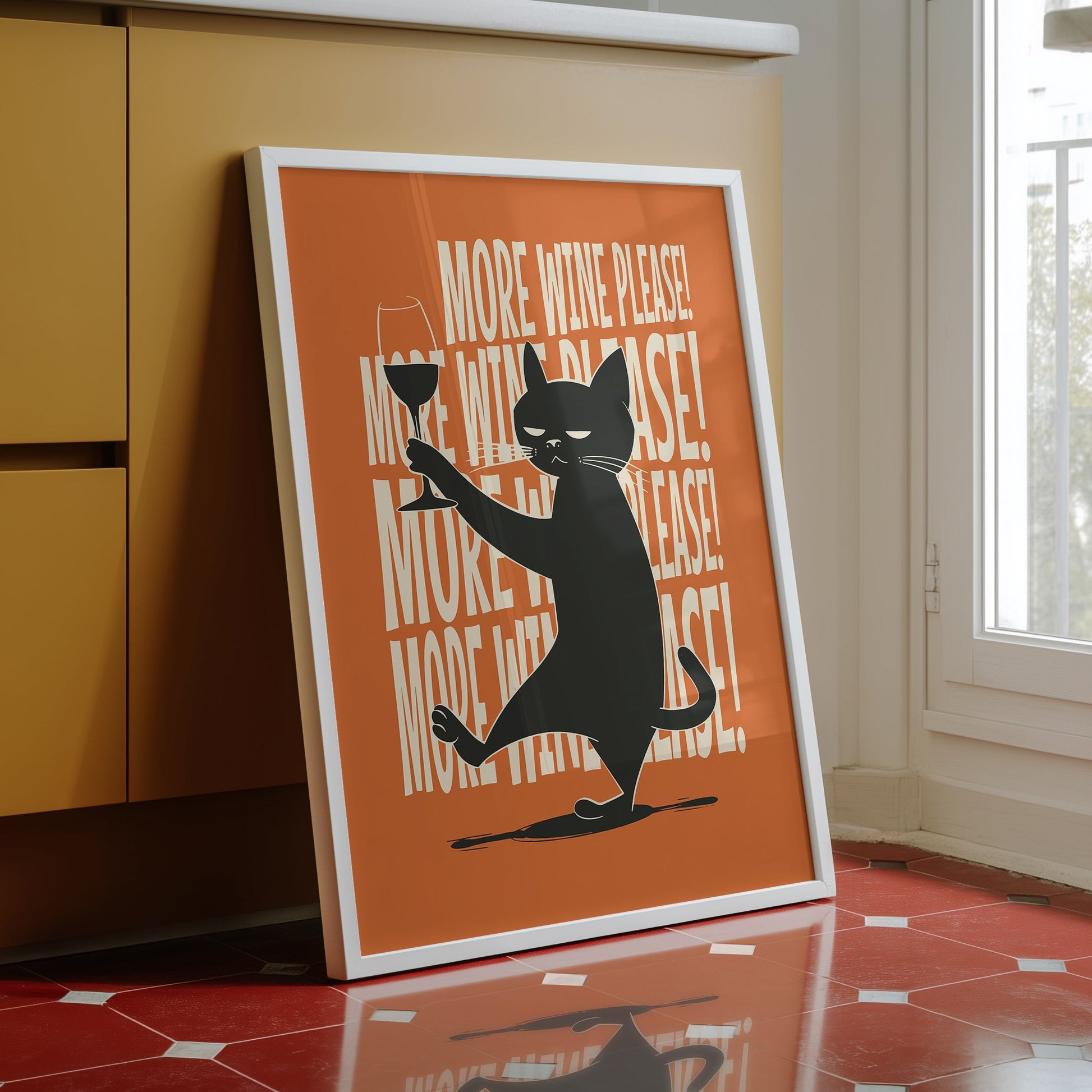 Illustration of a sassy black cat holding a wine glass with "More Wine Please" repeating text on an orange background, mid-century modern style.
