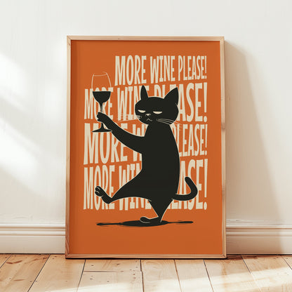 Illustration of a sassy black cat holding a wine glass with "More Wine Please" repeating text on an orange background, mid-century modern style.

