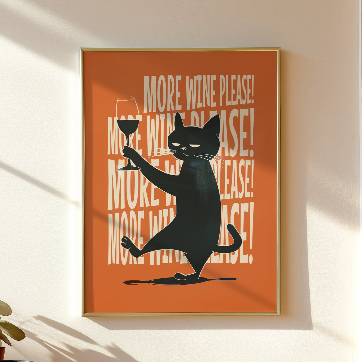 Illustration of a sassy black cat holding a wine glass with "More Wine Please" repeating text on an orange background, mid-century modern style.
