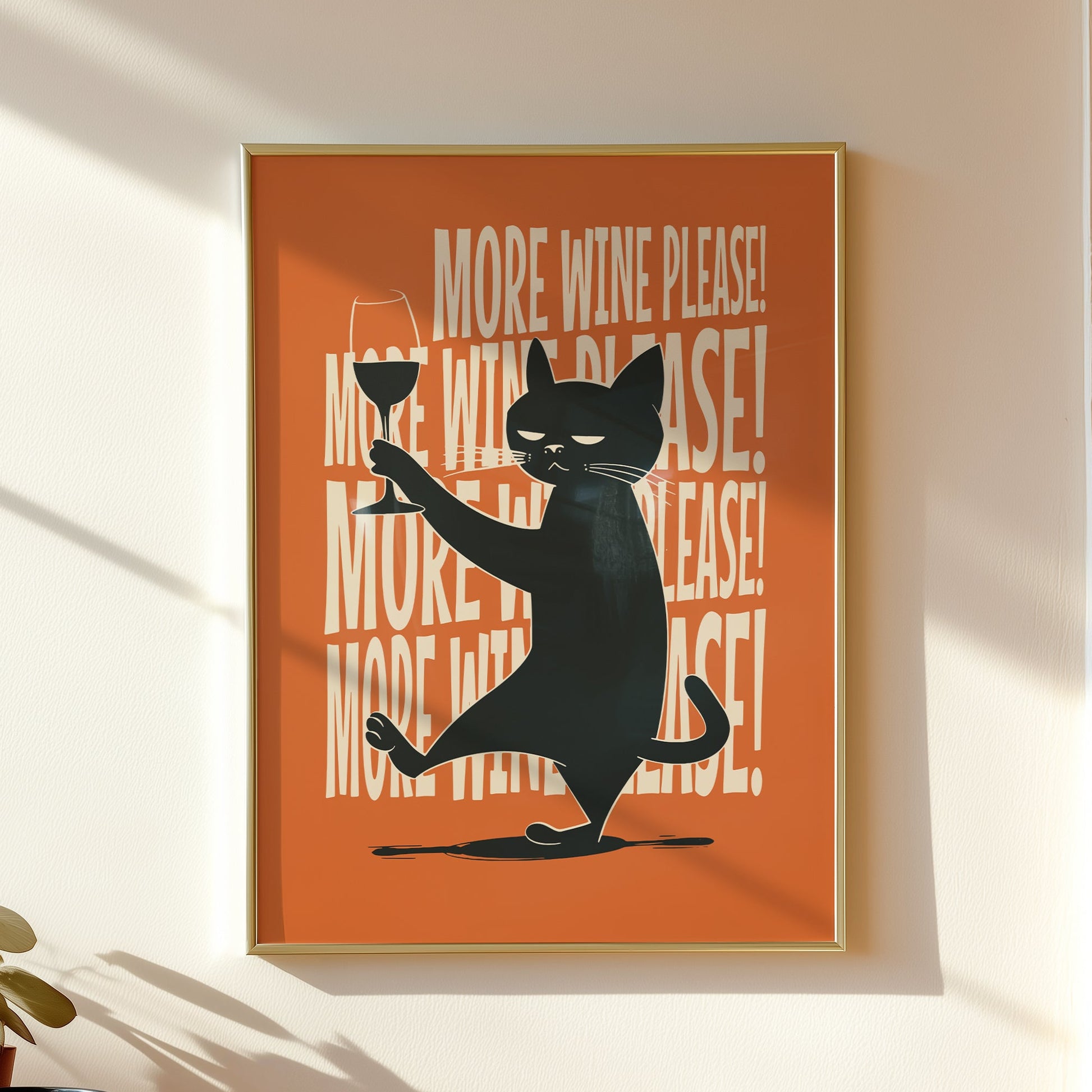 Illustration of a sassy black cat holding a wine glass with "More Wine Please" repeating text on an orange background, mid-century modern style.
