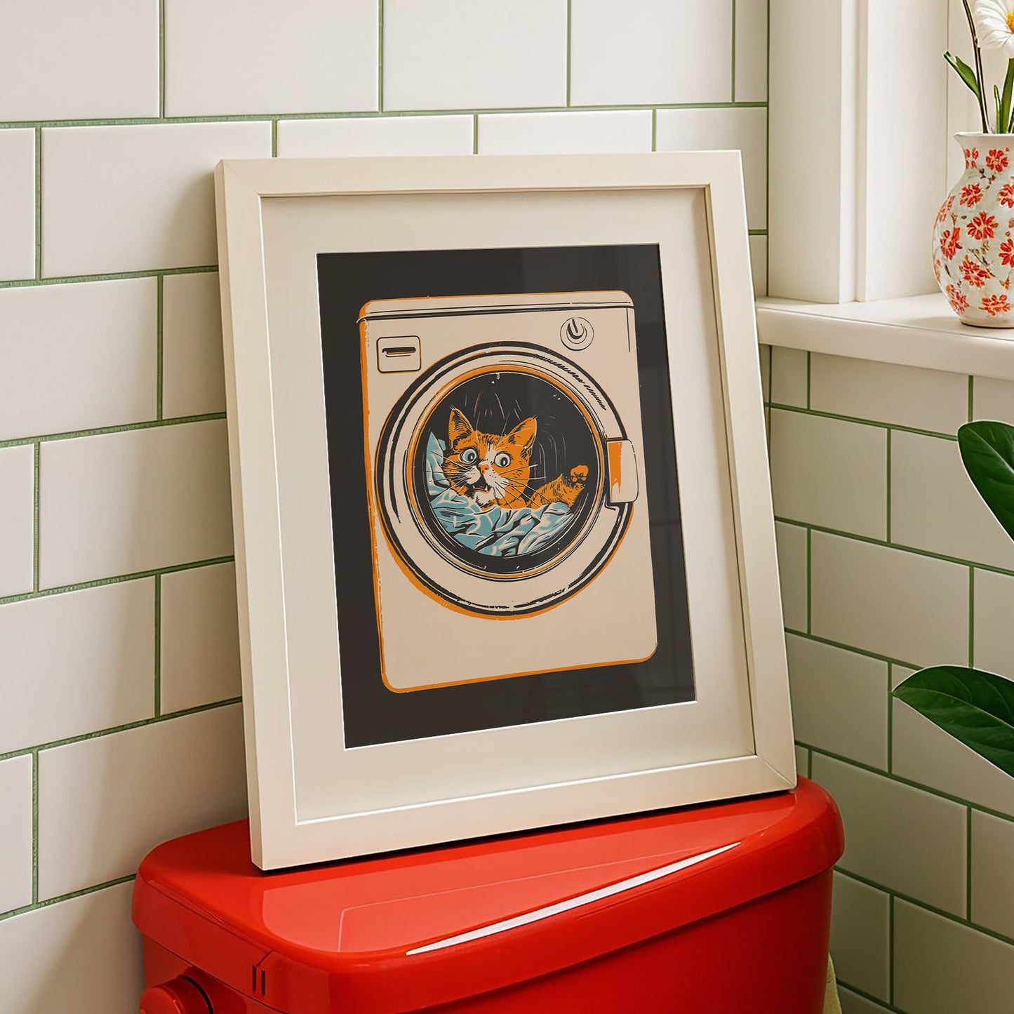 Illustration of a surprised orange tabby cat looking out of a front-loading washing machine, mid-century modern style laundry room wall art.