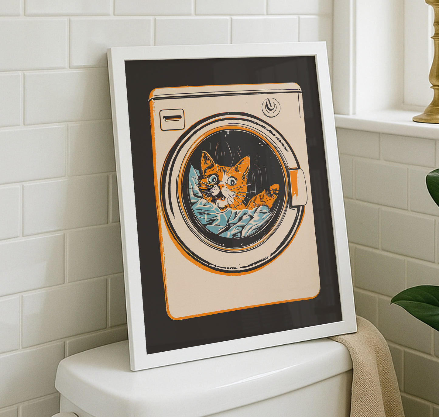 Illustration of a surprised orange tabby cat looking out of a front-loading washing machine, mid-century modern style laundry room wall art.