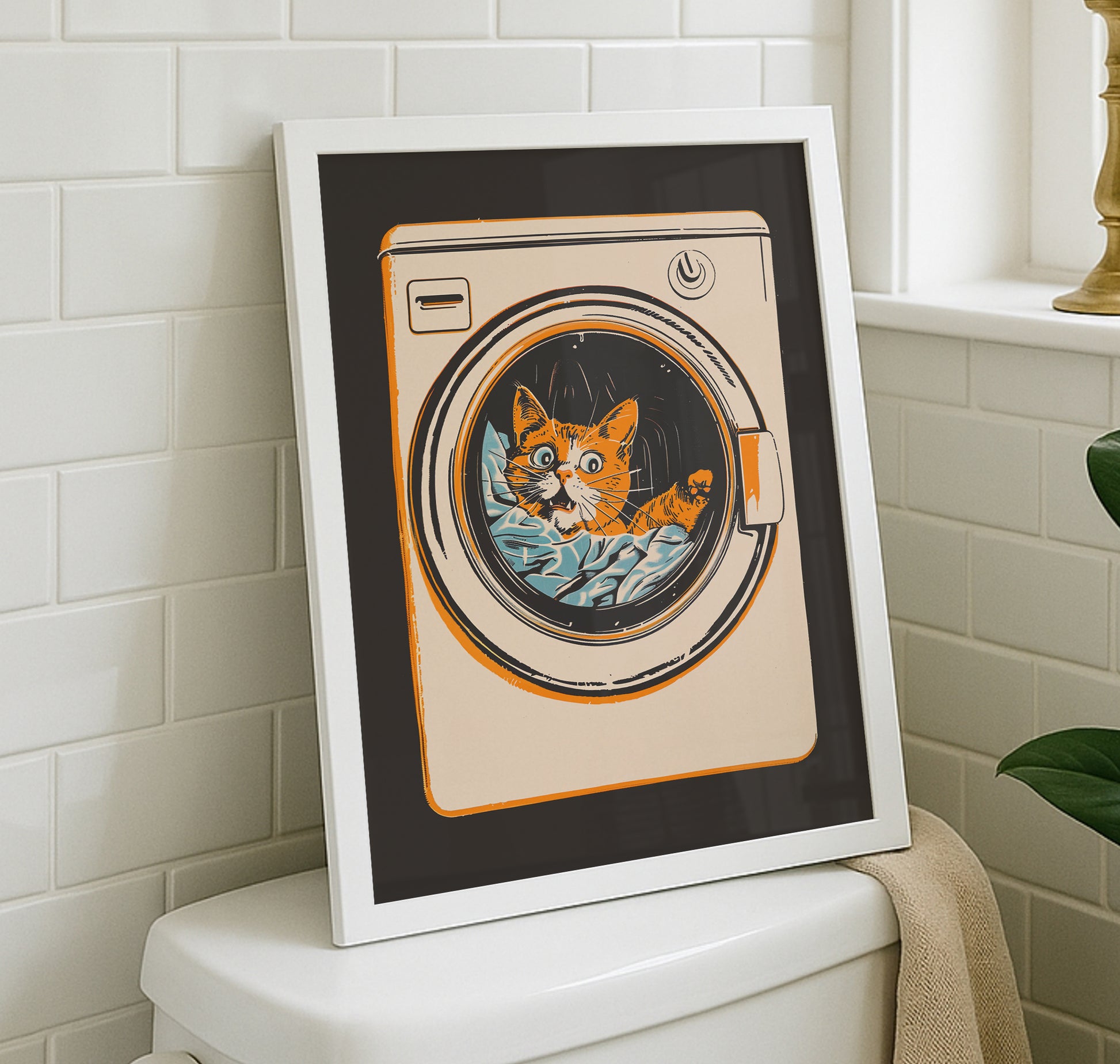 Illustration of a surprised orange tabby cat looking out of a front-loading washing machine, mid-century modern style laundry room wall art.