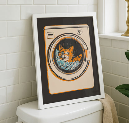 Illustration of a surprised orange tabby cat looking out of a front-loading washing machine, mid-century modern style laundry room wall art.