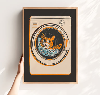 Illustration of a surprised orange tabby cat looking out of a front-loading washing machine, mid-century modern style laundry room wall art.