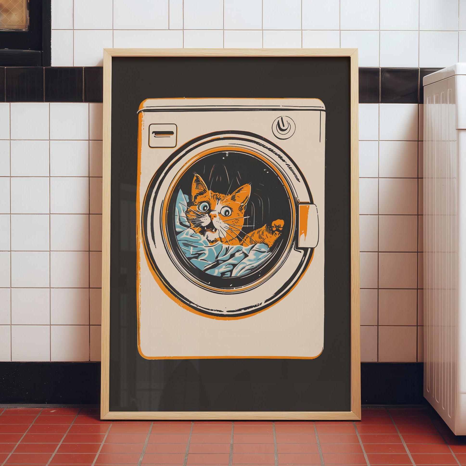 Illustration of a surprised orange tabby cat looking out of a front-loading washing machine, mid-century modern style laundry room wall art.
