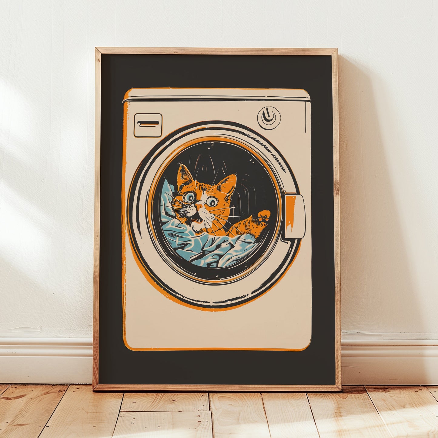 Illustration of a surprised orange tabby cat looking out of a front-loading washing machine, mid-century modern style laundry room wall art.