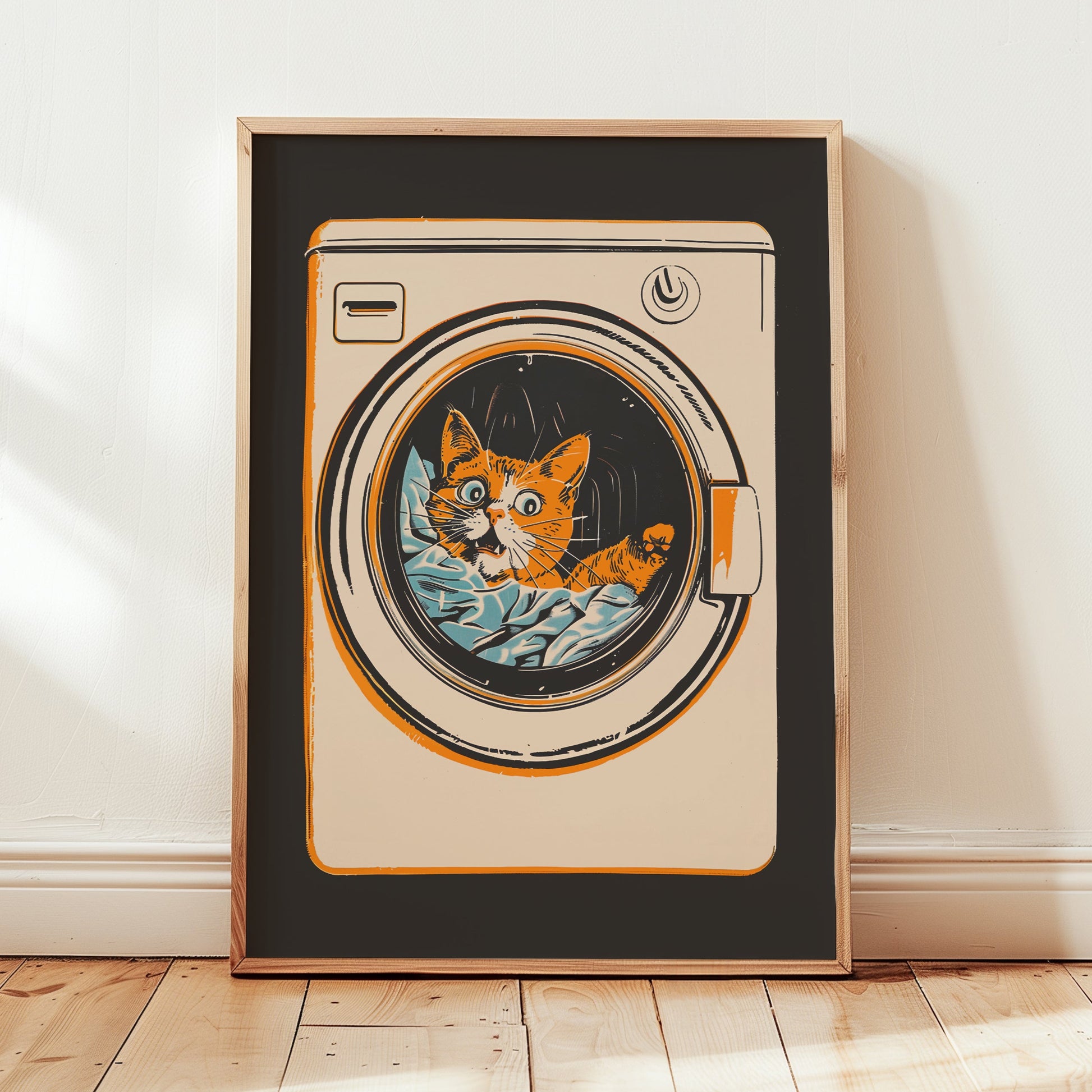 Illustration of a surprised orange tabby cat looking out of a front-loading washing machine, mid-century modern style laundry room wall art.