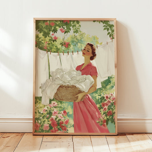 Vintage style illustration of a woman in a pink dress carrying a laundry basket in a blooming rose garden with white sheets hanging on a clothesline