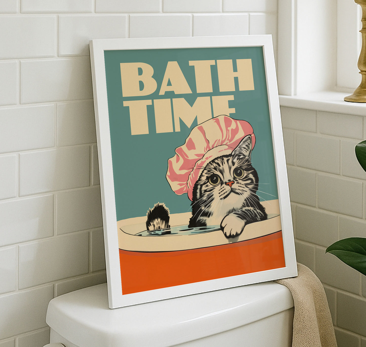 Digital illustration of a wide-eyed tabby cat wearing a pink ruffled shower cap, peering out from a vintage bathtub against a teal blue background with the bold text 'BATH TIME' at the top