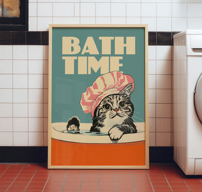 Mid-century modern style bathroom wall art featuring a funny cat in a shower cap. The retro color palette includes teal, cream, and orange, perfect for MCM home decor.