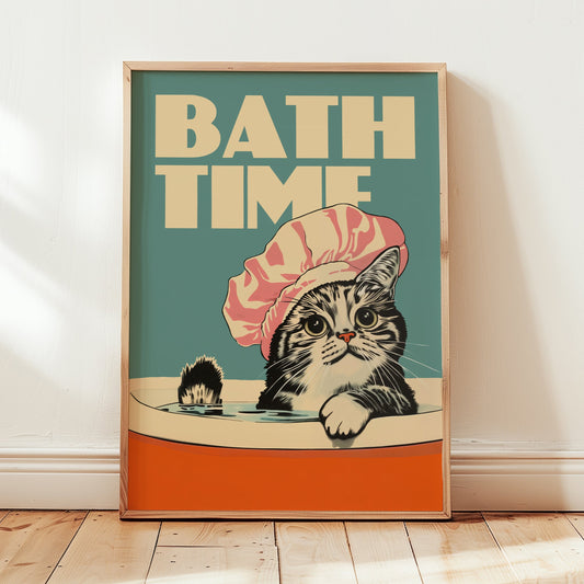Whimsical tabby cat illustration for bathroom decor. A surprised cat in a bathtub wearing a retro shower cap, part of a funny pet-themed wall art collection.