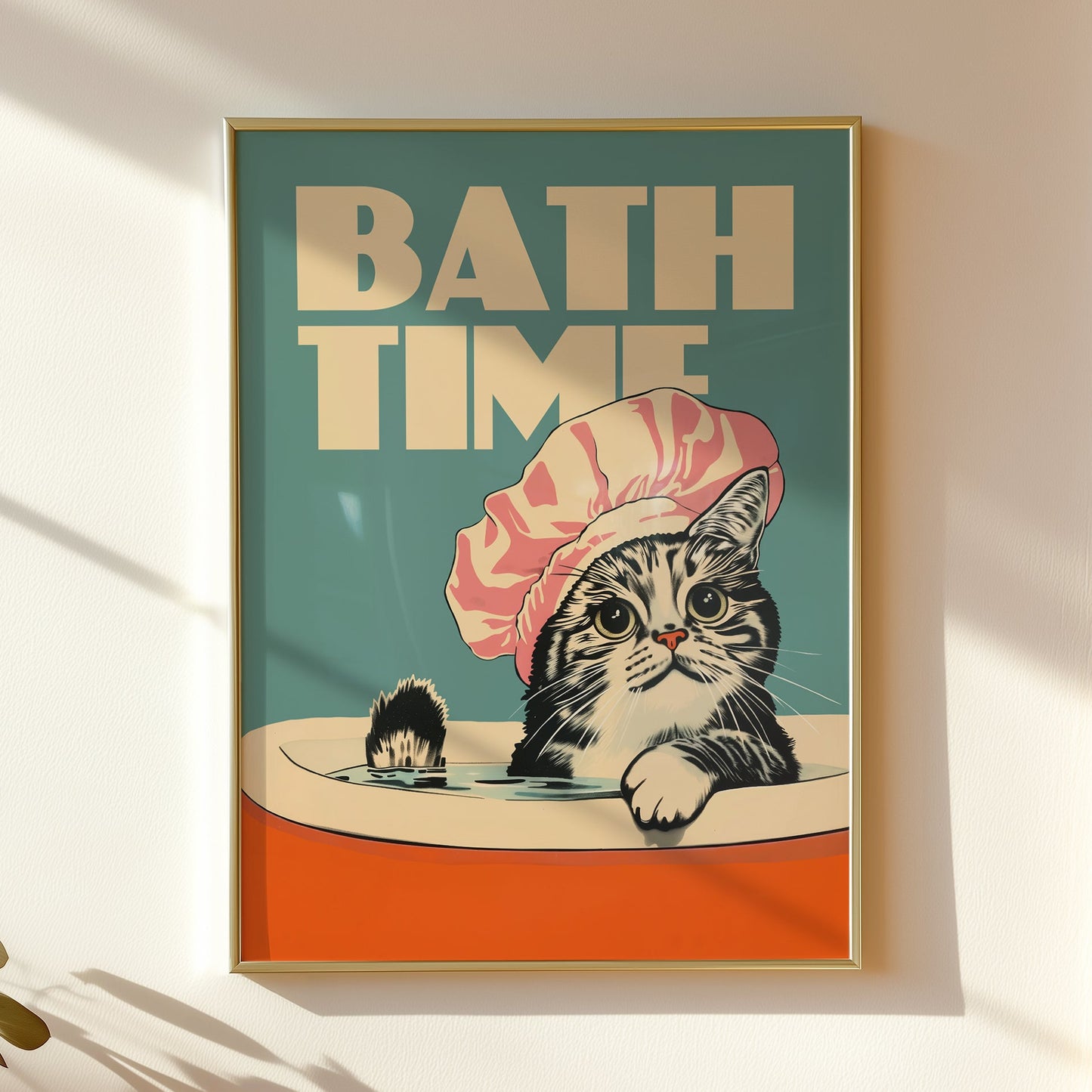 Retro 'Bath Time' cat poster in a mid-century modern style. Funny bathroom print featuring a tabby cat in a pink shower cap.