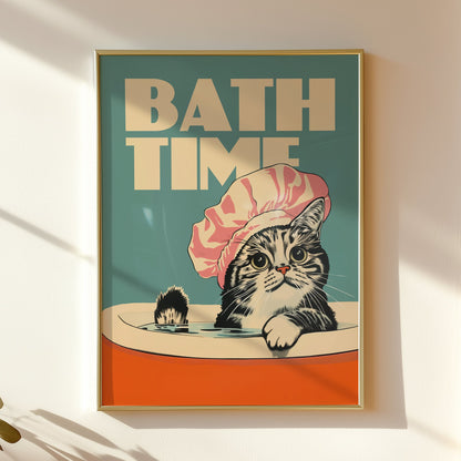 Retro 'Bath Time' cat poster in a mid-century modern style. Funny bathroom print featuring a tabby cat in a pink shower cap.