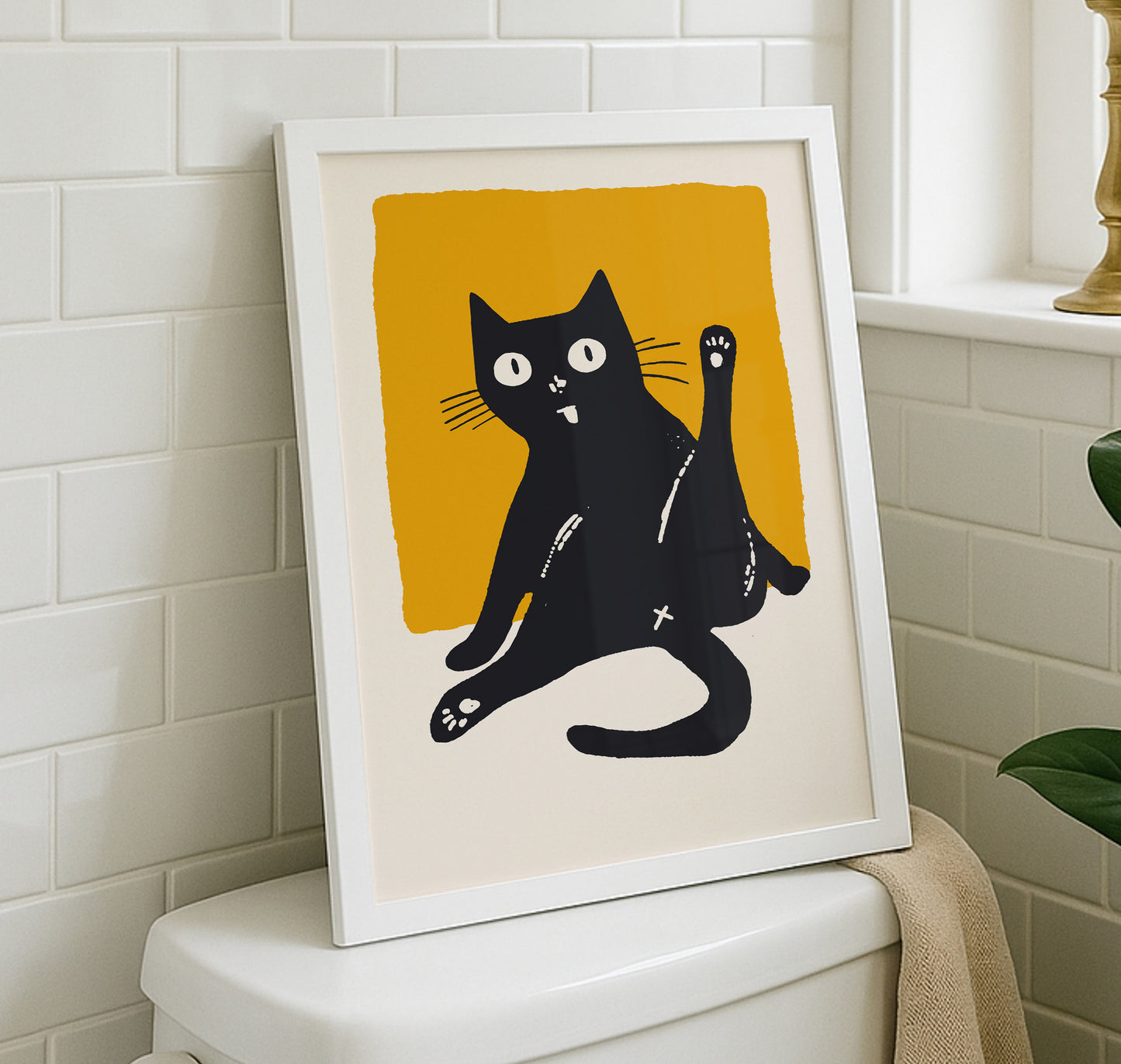 A minimalist linocut-style illustration of a goofy black cat sitting with one leg high in the air, licking itself against a vibrant mustard yellow square background.