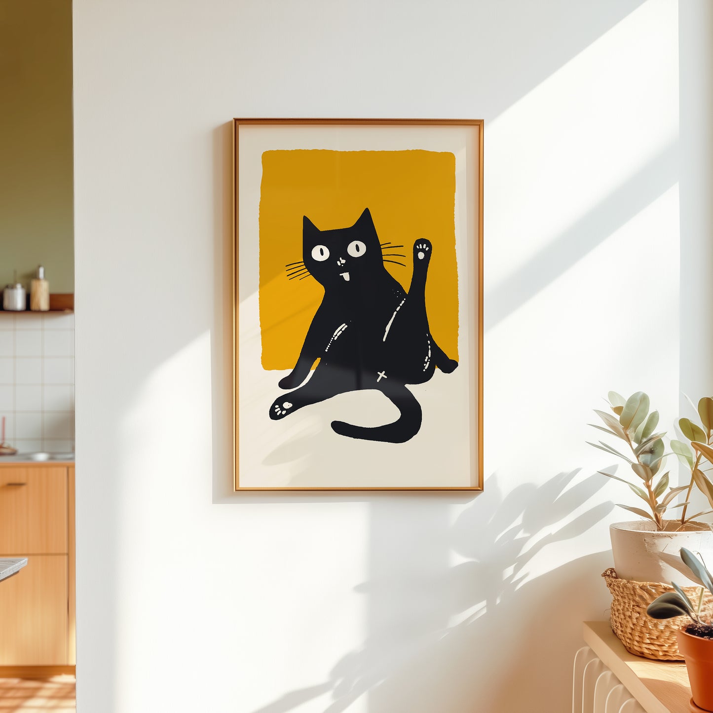 Stylized black cat in a silly pose with one hind leg raised, wide eyes, and tongue out, set against a bold yellow background in a retro modern art style.