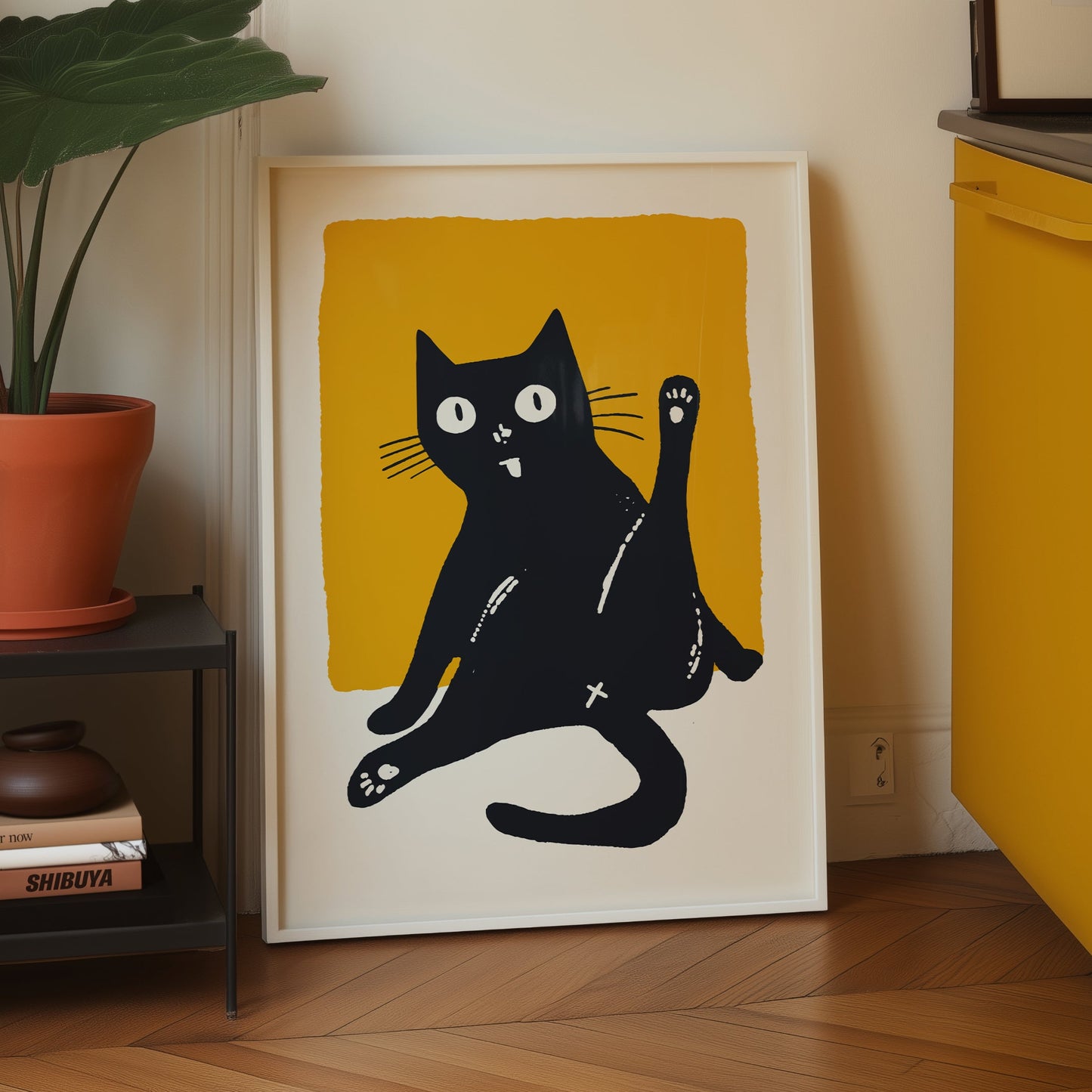 Stylized black cat in a silly pose with one hind leg raised, wide eyes, and tongue out, set against a bold yellow background in a retro modern art style.