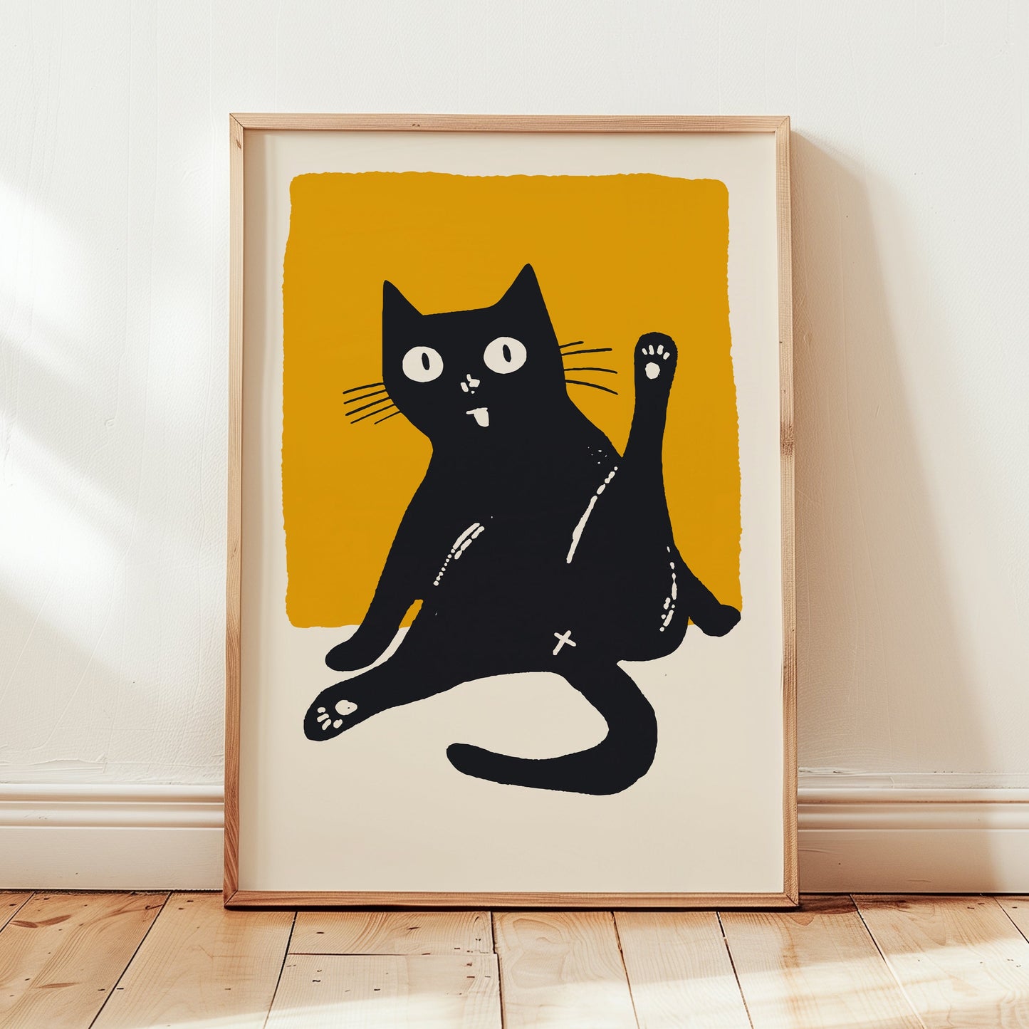 Stylized black cat in a silly pose with one hind leg raised, wide eyes, and tongue out, set against a bold yellow background in a retro modern art style.