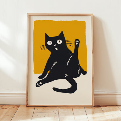 Stylized black cat in a silly pose with one hind leg raised, wide eyes, and tongue out, set against a bold yellow background in a retro modern art style.