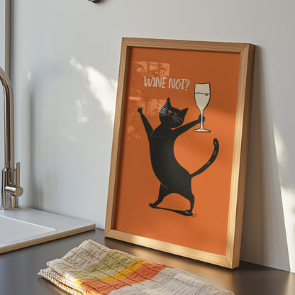A whimsical mid-century modern illustration of a happy black cat holding up a glass of white wine with the text 'WINE NOT?' on a vibrant orange background.