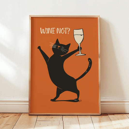 Funny black cat wine lover wall art. Minimalist retro poster for kitchen or bar decor featuring a dancing cat with a wine glass.