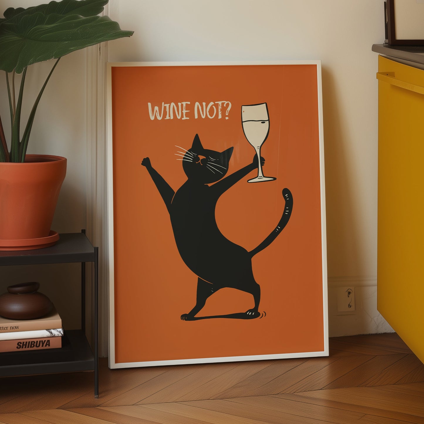 Funny black cat wine lover wall art. Minimalist retro poster for kitchen or bar decor featuring a dancing cat with a wine glass.