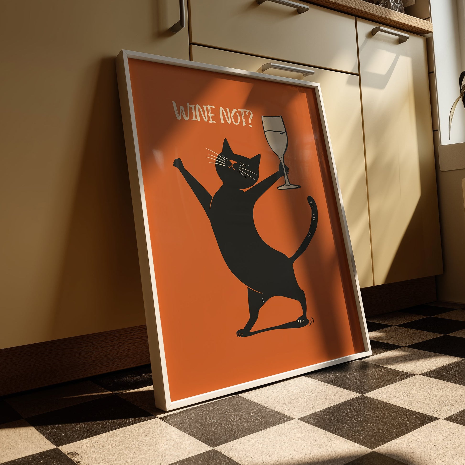 Funny black cat wine lover wall art. Minimalist retro poster for kitchen or bar decor featuring a dancing cat with a wine glass.