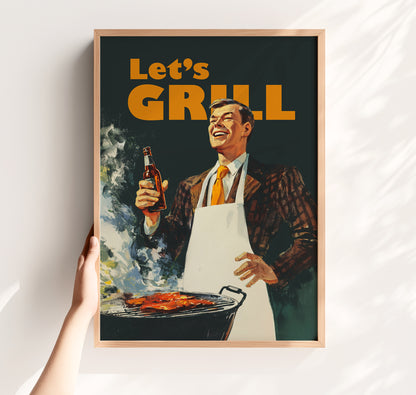 Vintage 1950s style illustration of a smiling man in a suit and apron grilling meat on a BBQ while holding a beer bottle, with bold orange 'Let's Grill' text.