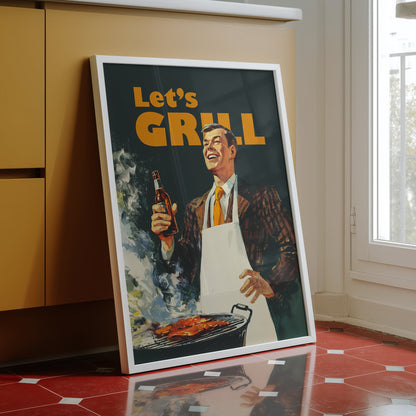 Vintage 1950s style illustration of a smiling man in a suit and apron grilling meat on a BBQ while holding a beer bottle, with bold orange 'Let's Grill' text.