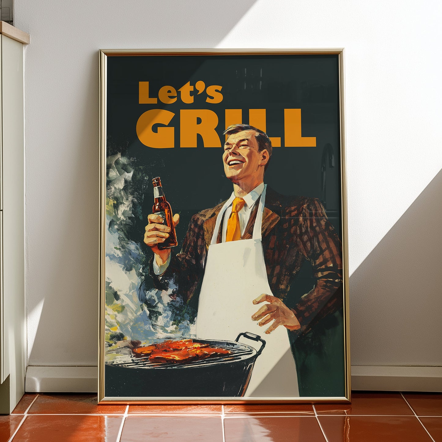 Retro BBQ wall art for man cave or kitchen. Mid-century Americana print featuring a man at a grill, perfect for grill master home decor.